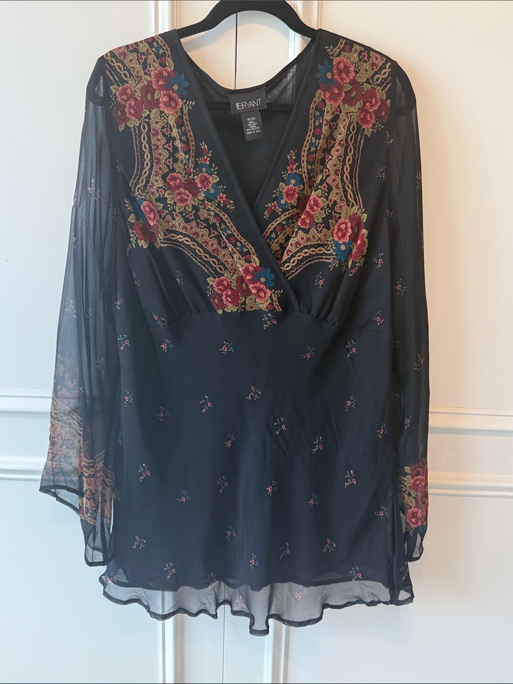 Lane Bryant Black Sheer Tunic with Red & Gold Floral Embroidery